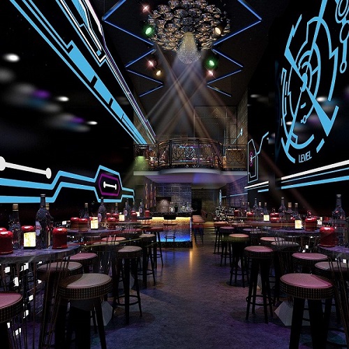 Bar interior decorated with blue linear lighting along the walls and ceiling